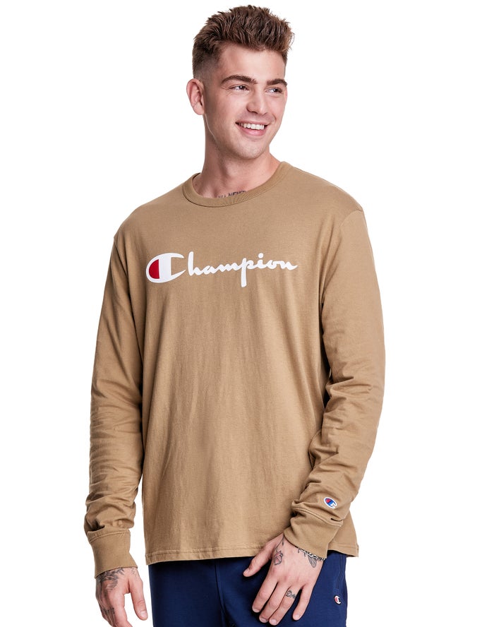 Champion Long-Sleeve Lightweight Script Logo T-Shirt Heren - Khaki - Belgie 3964TXUZW